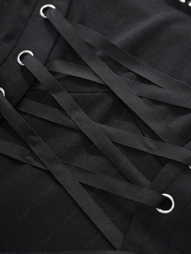 Gothic Lace Up Layered Grommet Solid A Line Backless Chiffon Cami Dress