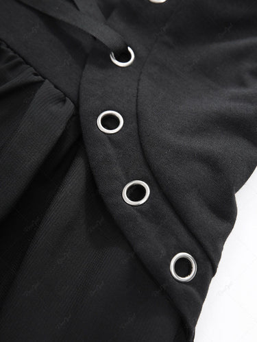 Gothic Lace Up Layered Grommet Solid A Line Backless Chiffon Cami Dress