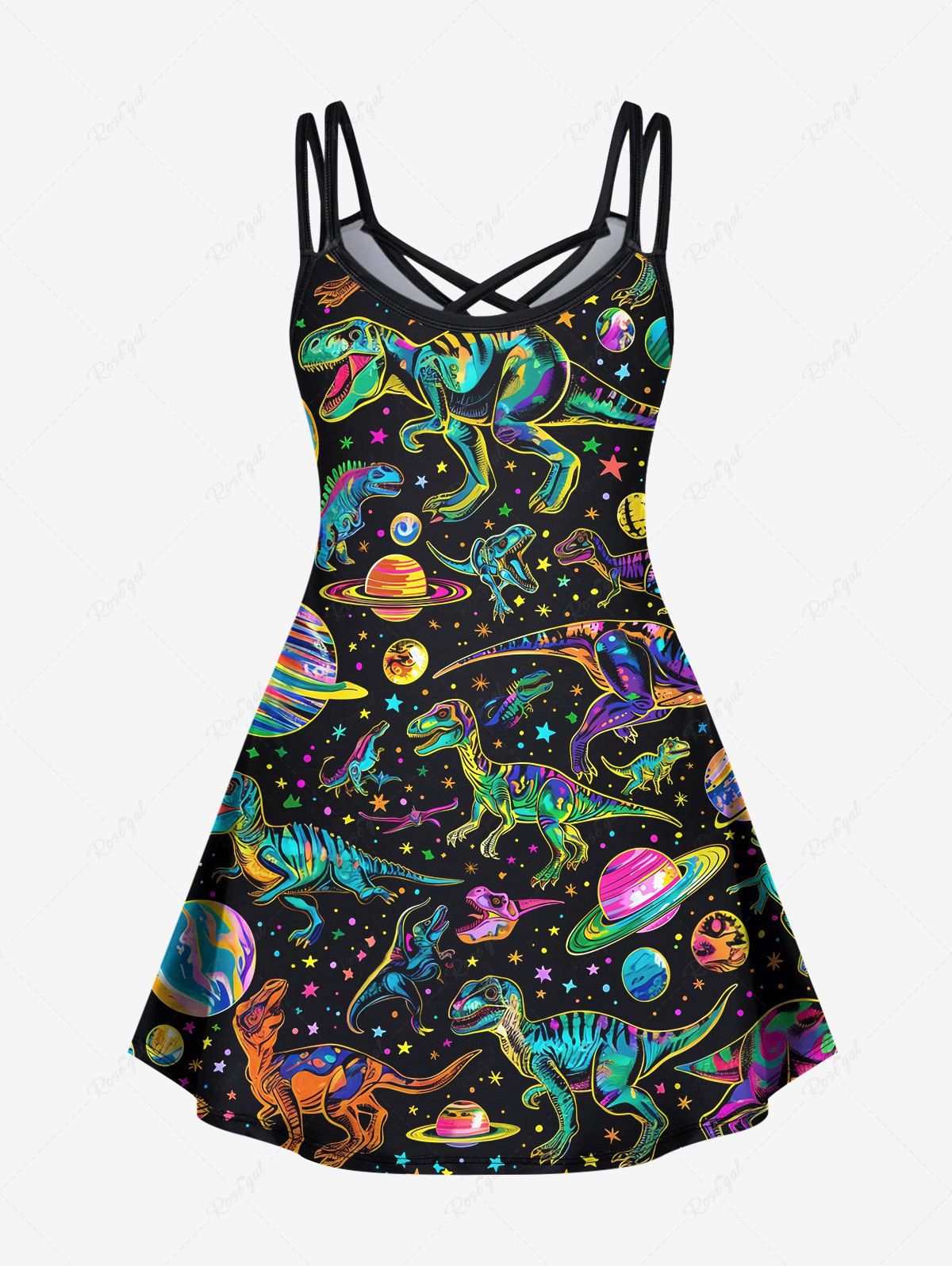 Gothic Colorful Dinosaur Planet Stars Print Crisscross A Line Cami Dress