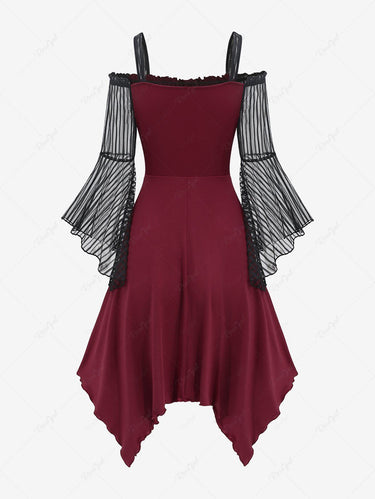 Gothic Cold Shoulder Flare Sleeve Striped Mesh Overlay PU Strap Buckle Grommet Ruched 2 in 1 Handkerchief A Line Dress(3 Days Delivery)