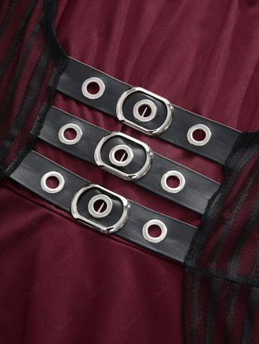 Gothic Cold Shoulder Flare Sleeve Striped Mesh Overlay PU Strap Buckle Grommet Ruched 2 in 1 Handkerchief A Line Dress(3 Days Delivery)