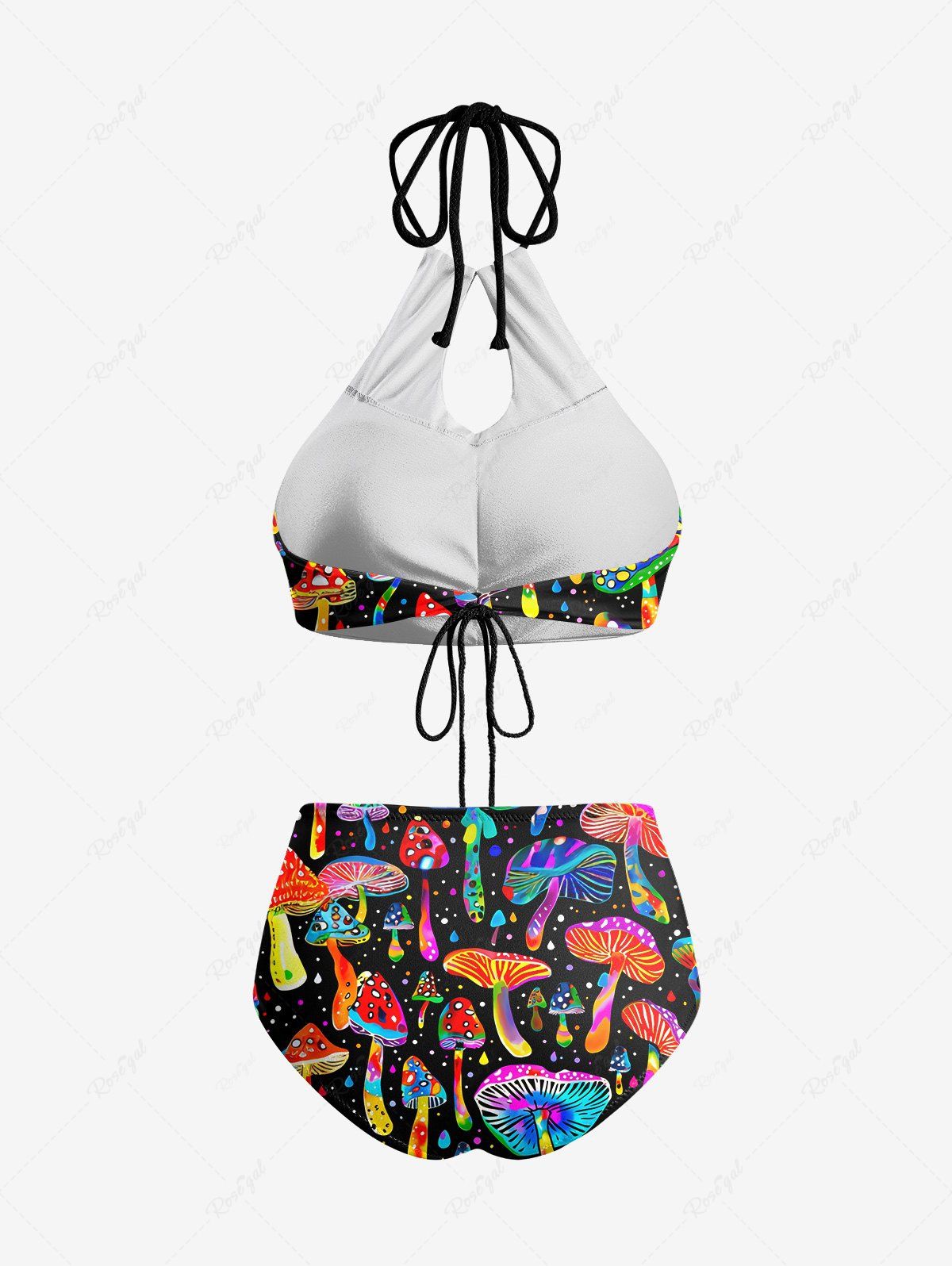 Gothic Colorful Mushroom Print Hollow Out Halter Backless Bikini Set