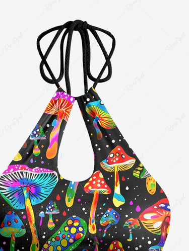 Gothic Colorful Mushroom Print Hollow Out Halter Backless Bikini Set