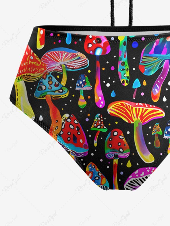 Gothic Colorful Mushroom Print Hollow Out Halter Backless Bikini Set