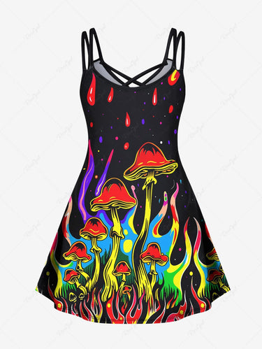 Gothic Plus Size Mushroom Fire Flame Print Crisscross A Line Cami Dress