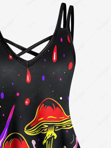 Gothic Plus Size Mushroom Fire Flame Print Crisscross A Line Cami Dress