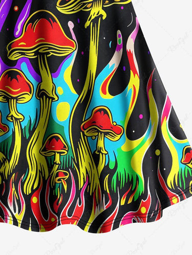Gothic Plus Size Mushroom Fire Flame Print Crisscross A Line Cami Dress