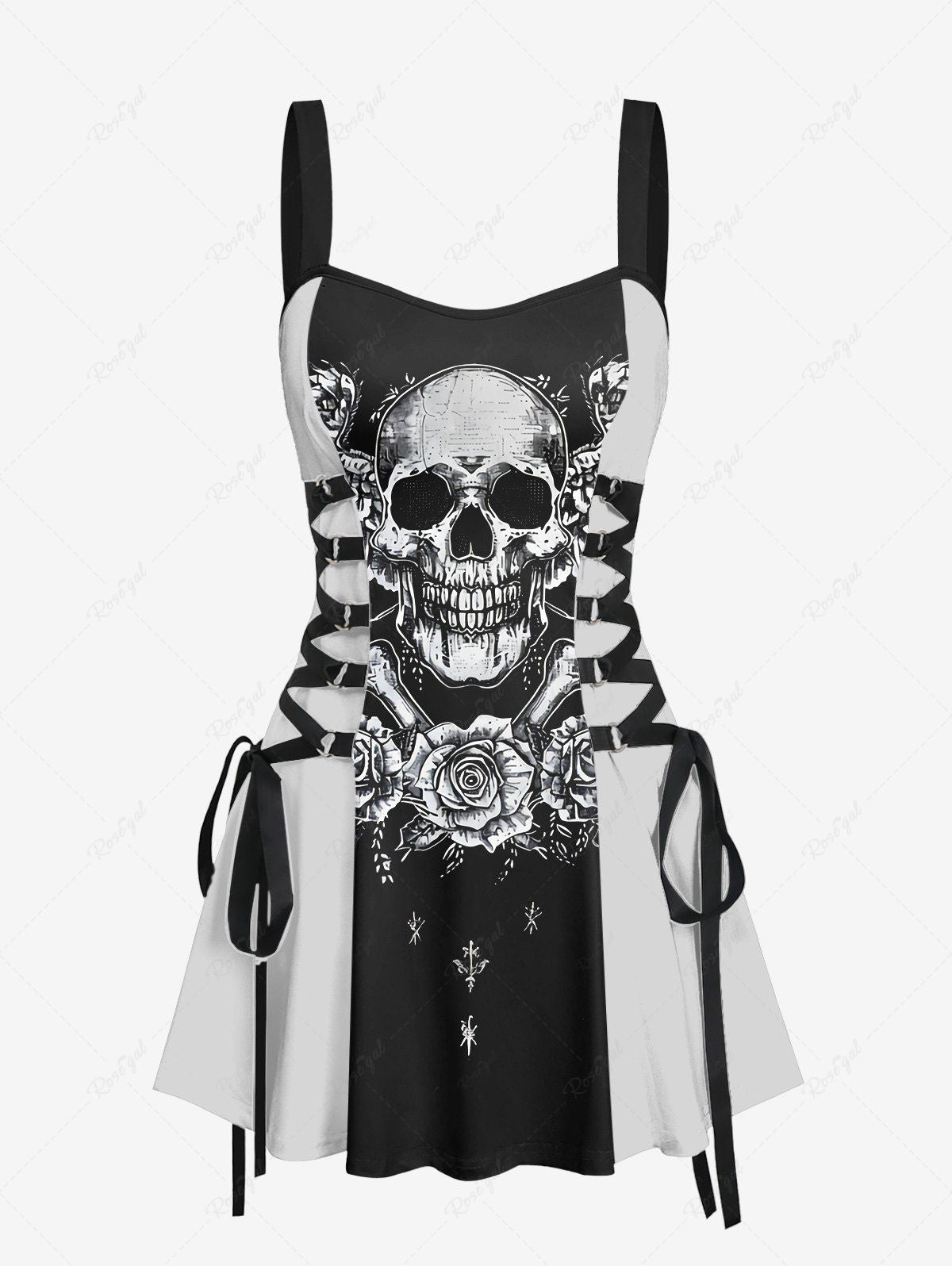 Gothic Distressed Skull Rose Flower Print Lace Up Backless A Line Tank Dress