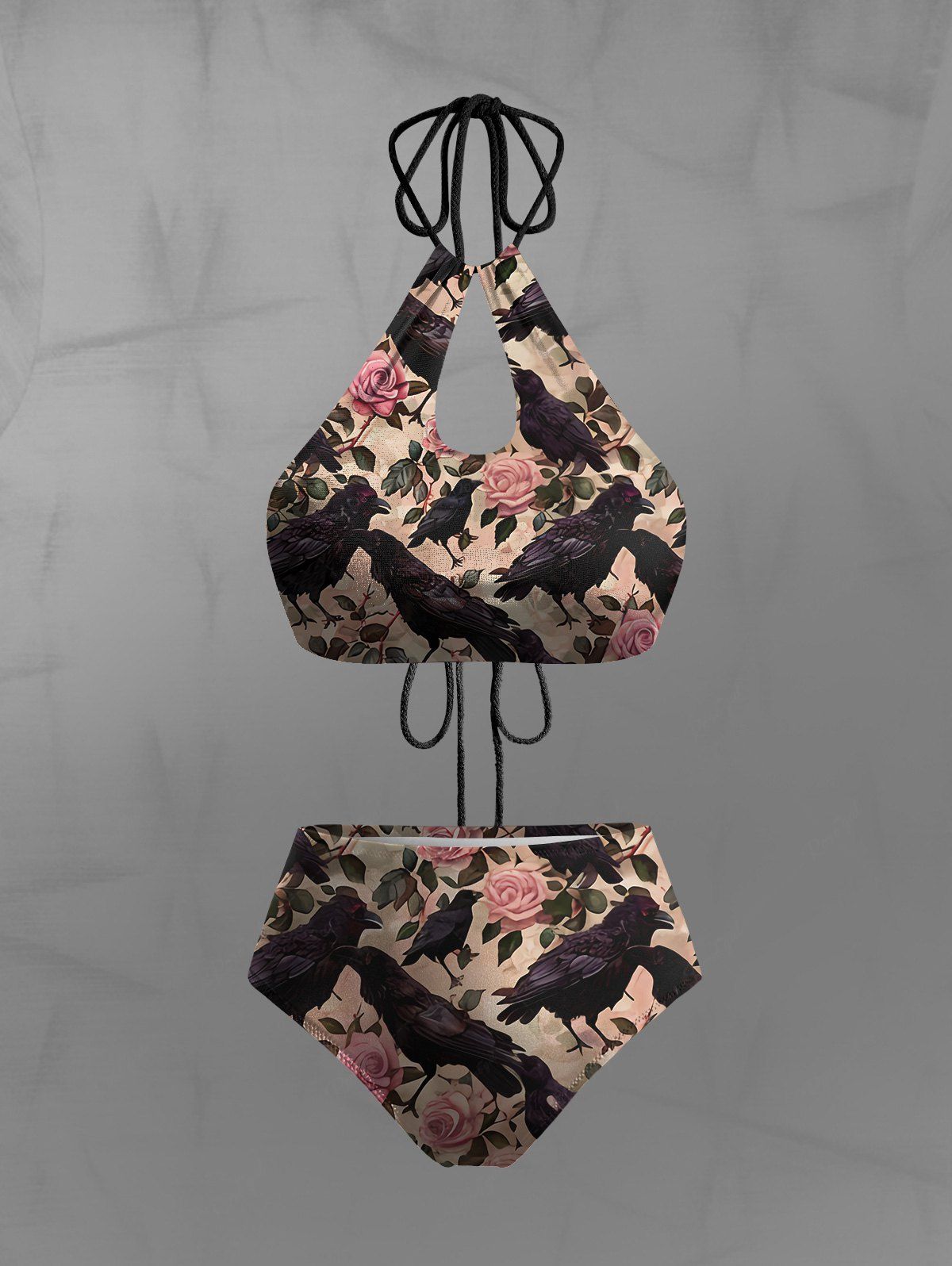 Gothic Eagle Rose Flower Leaf Print Hollow Out Halter Backless Bikini Set