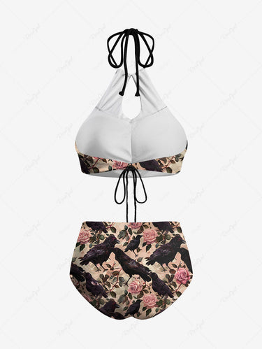 Gothic Eagle Rose Flower Leaf Print Hollow Out Halter Backless Bikini Set