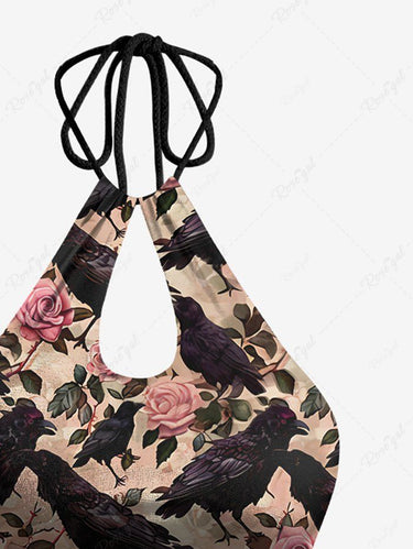 Gothic Eagle Rose Flower Leaf Print Hollow Out Halter Backless Bikini Set