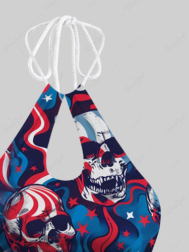 Gothic Patriotic American Flag Skulls Colorful Striped Stars Print Hollow Out Halter Backless Bikini Set