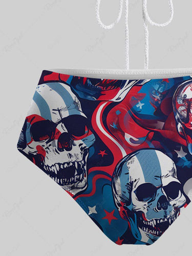 Gothic Patriotic American Flag Skulls Colorful Striped Stars Print Hollow Out Halter Backless Bikini Set