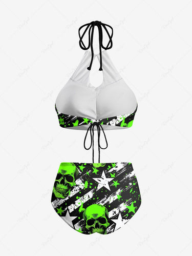 Gothic Neon Color American Flag Skulls Stars Ink Striped Painting Splatter Print Halter Backless Hollow Out Bikini Set