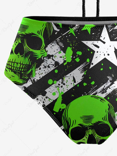 Gothic Neon Color American Flag Skulls Stars Ink Striped Painting Splatter Print Halter Backless Hollow Out Bikini Set