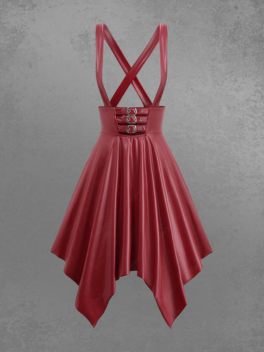 Gothic PU Panel Strap Buckle Grommet Crisscross Solid Asymmetric Suspender A Line Skirt(3 Days Delivery)