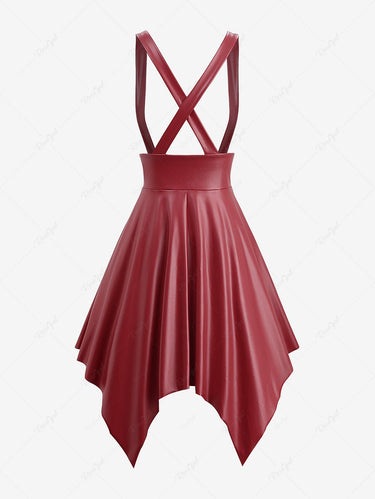 Gothic PU Panel Strap Buckle Grommet Crisscross Solid Asymmetric Suspender A Line Skirt(3 Days Delivery)