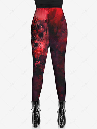 Gothic Plus Size Bloody Paint Drop Rose Flower Skull Branch Print Ombre Skinny Leggings