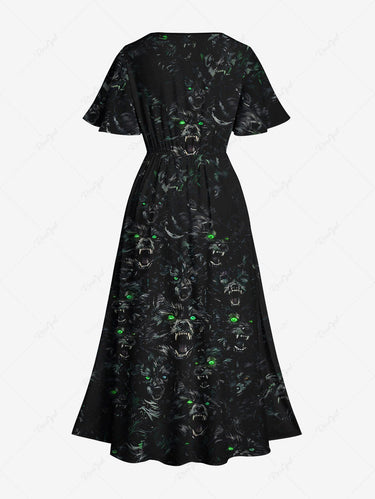 Gothic Plus Size Wolf Print Split Pocket A Line Dress