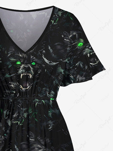 Gothic Plus Size Wolf Print Split Pocket A Line Dress