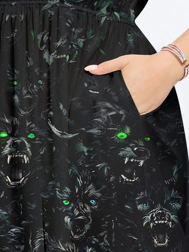 Gothic Plus Size Wolf Print Split Pocket A Line Dress