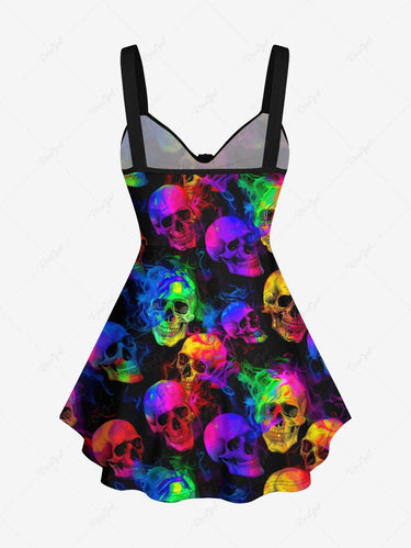 Gothic Plus Size Colorful Ombre Smoke Neon Skull Print Cinched Backless Tank Top