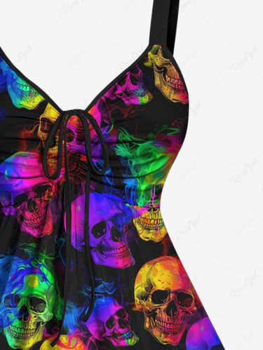 Gothic Plus Size Colorful Ombre Smoke Neon Skull Print Cinched Backless Tank Top