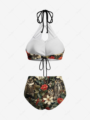 Gothic Owl Flower Leaf Print Hollow Out Halter Backless Bikini Set