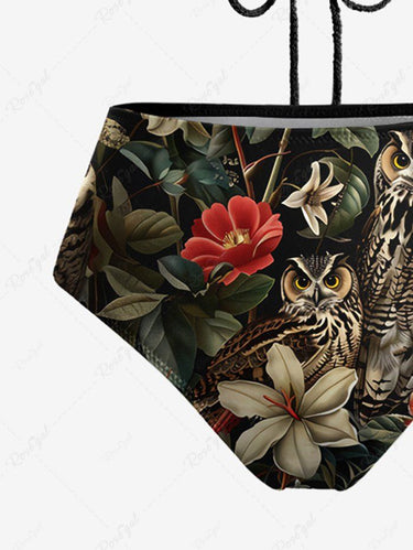 Gothic Owl Flower Leaf Print Hollow Out Halter Backless Bikini Set