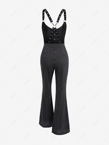 Gothic Striped Printed O-Ring Crisscross Strappy Grommet Buckle Button Backless Pocket Pants Jumpsuit