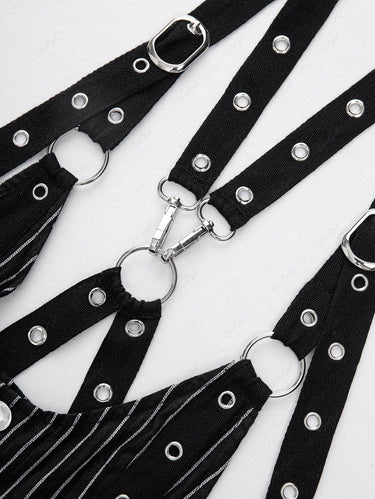 Gothic Striped Printed O-Ring Crisscross Strappy Grommet Buckle Button Backless Pocket Pants Jumpsuit
