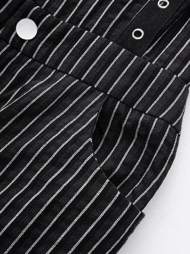 Gothic Striped Printed O-Ring Crisscross Strappy Grommet Buckle Button Backless Pocket Pants Jumpsuit