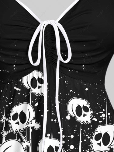 Gothic Plus Size Skulls Painting Splatter Print Cinched Backless Tank Top