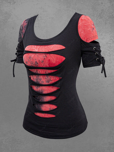Gothic Tie Dye Lace Up Ripped 2 in 1 Short Sleeves T-shirt