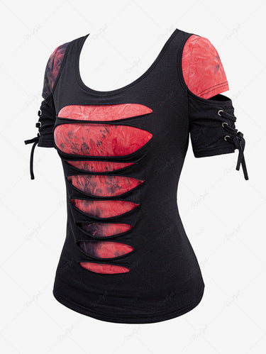Gothic Tie Dye Lace Up Ripped 2 in 1 Short Sleeves T-shirt
