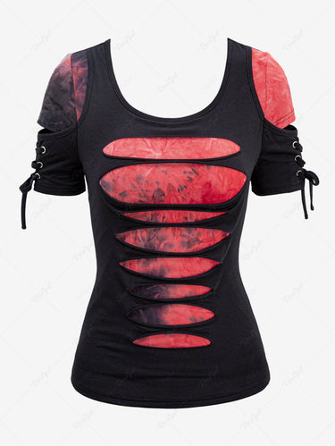 Gothic Tie Dye Lace Up Ripped 2 in 1 Short Sleeves T-shirt