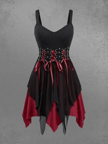 Gothic D-Ring Lace Up Backless Layered A Line Tank Dress