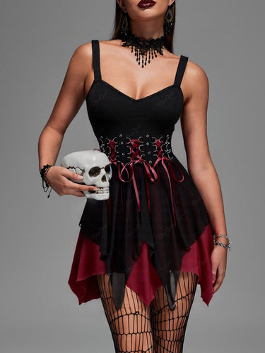 Gothic D-Ring Lace Up Backless Layered A Line Tank Dress Red / L Gothic D-Ring Lace Up Backless Layered A Line Tank Dress Red / L