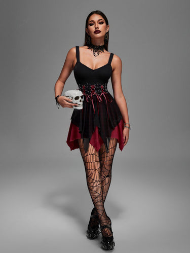 Gothic D-Ring Lace Up Backless Layered A Line Tank Dress