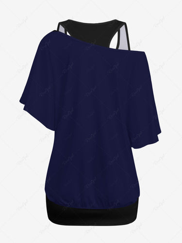 Gothic Plus Size Solid Racerback Tank Top and Owl Tree Ombre Galaxy Print T-shirt Set