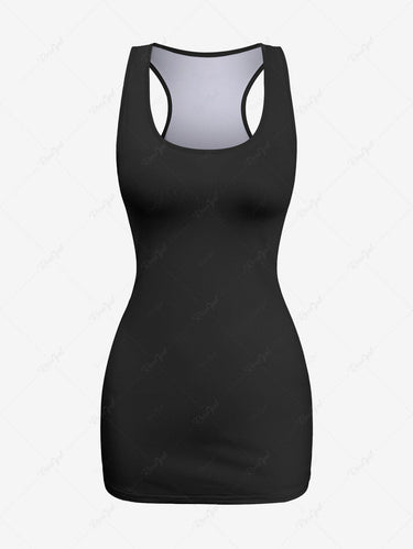 Gothic Plus Size Solid Racerback Tank Top and Owl Tree Ombre Galaxy Print T-shirt Set