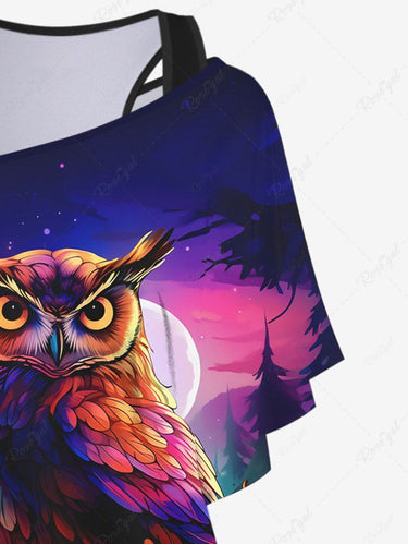 Gothic Plus Size Solid Racerback Tank Top and Owl Tree Ombre Galaxy Print T-shirt Set