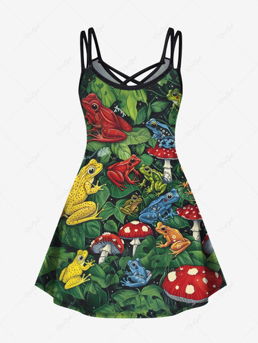 Gothic Plus Size Colorful Frog Mushroom Leaf Toad Print Crisscross A Line Cami Dress
