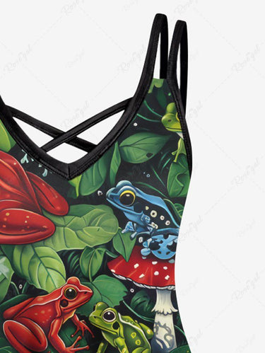 Gothic Plus Size Colorful Frog Mushroom Leaf Toad Print Crisscross A Line Cami Dress