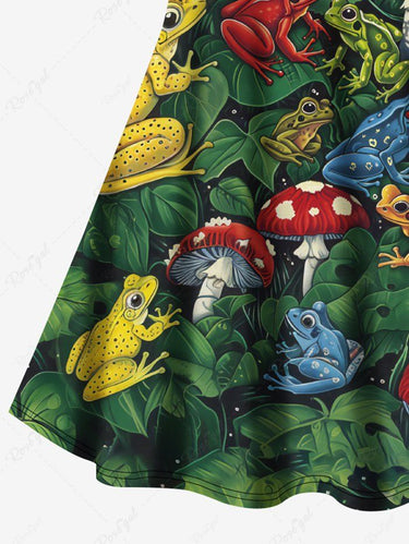 Gothic Plus Size Colorful Frog Mushroom Leaf Toad Print Crisscross A Line Cami Dress