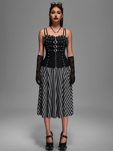 Gothic Skull Zipper D-Ring Buckle Grommet Backless Cami Top(Adjustable Shoulder Strap)(3 Days Delivery)