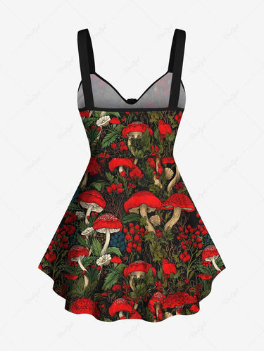 Gothic Plus Size Mushroom Flower Leaf Print Cinched Backless Tank Top
