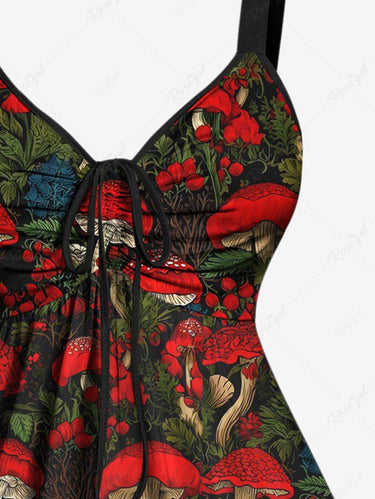 Gothic Plus Size Mushroom Flower Leaf Print Cinched Backless Tank Top