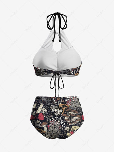 Gothic Colorful Mushroom Floral Print Hollow Out Halter Backless Bikini Set