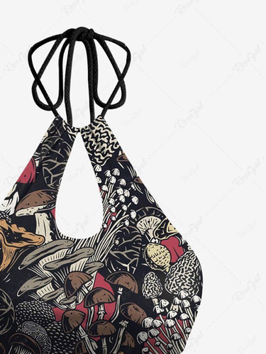Gothic Colorful Mushroom Floral Print Hollow Out Halter Backless Bikini Set